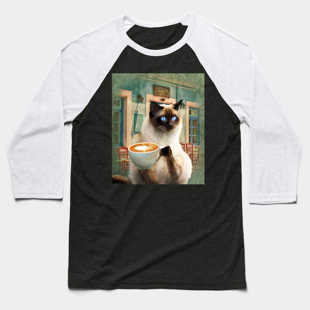 Siamese Cat With Coffee Baseball T-Shirt by Random Galaxy